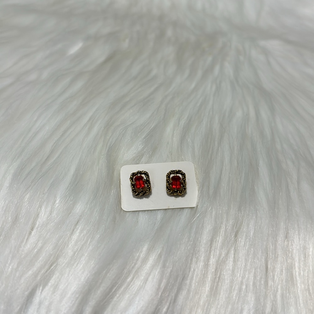 Earrings Red Rhinestone Vintage Style - Picture 4 of 5